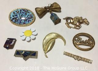 Collection of 9 Costume Pins and Pendants, Including Lovely Enamel Bead on Bow Pin