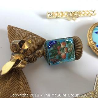 Collection of 9 Costume Pins and Pendants, Including Lovely Enamel Bead on Bow Pin