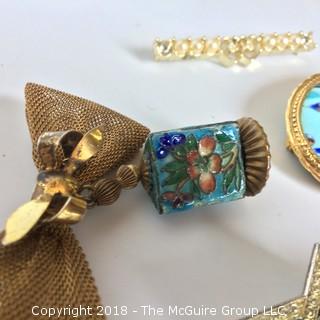 Collection of 9 Costume Pins and Pendants, Including Lovely Enamel Bead on Bow Pin