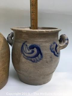 Collection of Four Clay Pots: Brown Pot from North Carolina, Clay Bottle, Pot with Lid and Handle, and German Salt-Glazed Pot with Handles