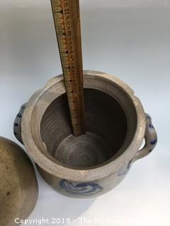 Collection of Four Clay Pots: Brown Pot from North Carolina, Clay Bottle, Pot with Lid and Handle, and German Salt-Glazed Pot with Handles