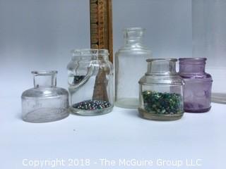 Collection of Glass Ink Bottles, Including Lavender Bottle, and Glass Bottle with Metal Lid