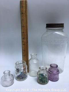 Collection of Glass Ink Bottles, Including Lavender Bottle, and Glass Bottle with Metal Lid