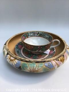 Asian Teacup and Saucer and Lovely Low Clay Bowl