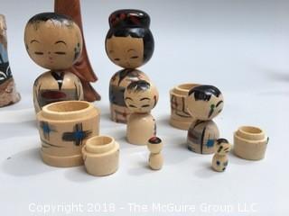 Collection of Kokeshi Dolls, Cloth Doll, and Carved Wood Asian Figure