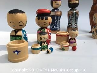 Collection of Kokeshi Dolls, Cloth Doll, and Carved Wood Asian Figure