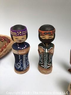 Collection of Kokeshi Dolls, Cloth Doll, and Carved Wood Asian Figure