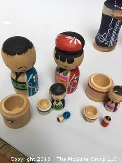 Collection of Kokeshi Dolls, Cloth Doll, and Carved Wood Asian Figure