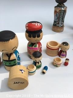 Collection of Kokeshi Dolls, Cloth Doll, and Carved Wood Asian Figure