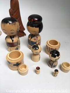 Collection of Kokeshi Dolls, Cloth Doll, and Carved Wood Asian Figure