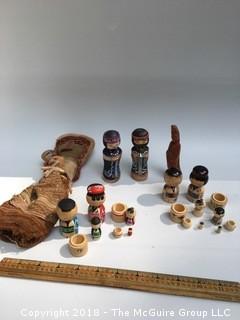 Collection of Kokeshi Dolls, Cloth Doll, and Carved Wood Asian Figure