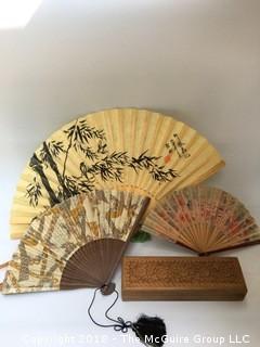 Collection of Three Fans and One Wood Box