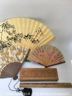 Collection of Three Fans and One Wood Box