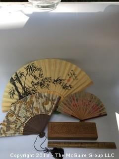 Collection of Three Fans and One Wood Box