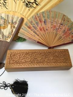 Collection of Three Fans and One Wood Box