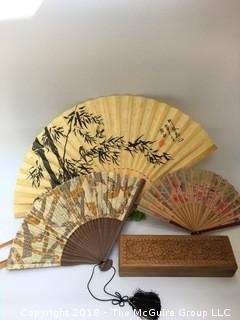 Collection of Three Fans and One Wood Box