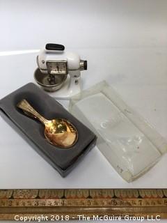 Oneida Silverplate Baby Spoon and Small Timex Clock Set in Mixer Form