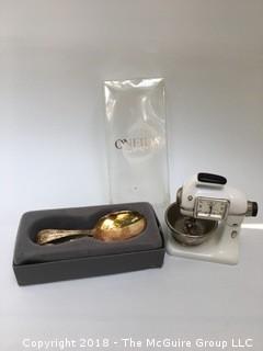 Oneida Silverplate Baby Spoon and Small Timex Clock Set in Mixer Form