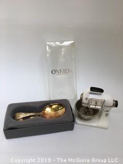 Oneida Silverplate Baby Spoon and Small Timex Clock Set in Mixer Form