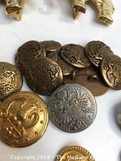 Collection of Military Buttons and Other Metal Buttons and Elephant Belt Buckle