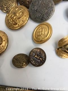 Collection of Military Buttons and Other Metal Buttons and Elephant Belt Buckle