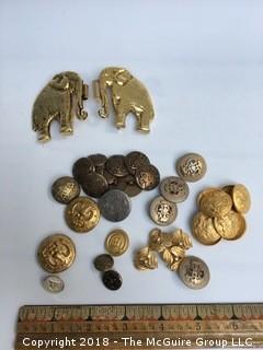 Collection of Military Buttons and Other Metal Buttons and Elephant Belt Buckle