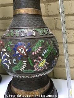 Pair of Large Champleve Enamel Bronze Vases That Were Converted to Lamp Bases