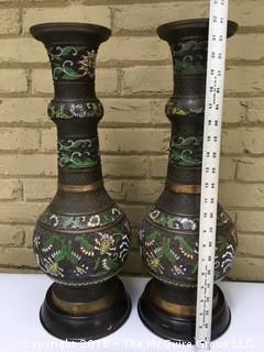 Pair of Large Champleve Enamel Bronze Vases That Were Converted to Lamp Bases