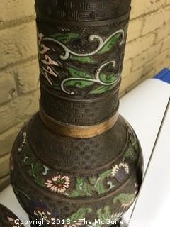 Pair of Large Champleve Enamel Bronze Vases That Were Converted to Lamp Bases