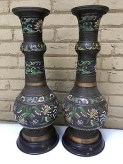 Pair of Large Champleve Enamel Bronze Vases That Were Converted to Lamp Bases