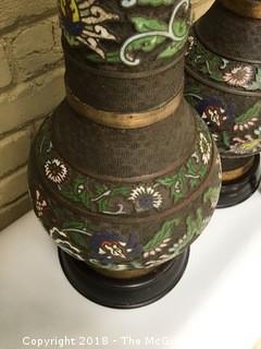 Pair of Large Champleve Enamel Bronze Vases That Were Converted to Lamp Bases