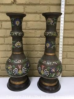 Pair of Large Champleve Enamel Bronze Vases That Were Converted to Lamp Bases