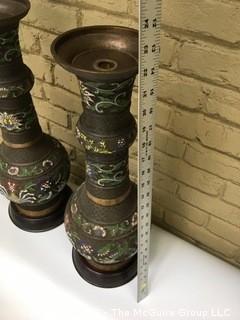 Pair of Large Champleve Enamel Bronze Vases That Were Converted to Lamp Bases