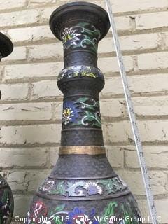 Pair of Large Champleve Enamel Bronze Vases That Were Converted to Lamp Bases