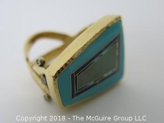 Men's 14k gold ring with face of turquoise, lapis, abalone and opal; believed to be crafted by Ken Nelson, Goldsmith, Georgetown, CO; 28 total grams {Description altered 11-7-2018 at 12:29pm} 