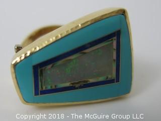 Men's 14k gold ring with face of turquoise, lapis, abalone and opal; believed to be crafted by Ken Nelson, Goldsmith, Georgetown, CO; 28 total grams {Description altered 11-7-2018 at 12:29pm} 