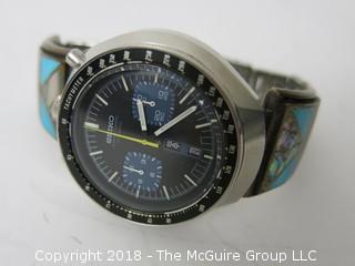 Seiko Chronograph Automatic Tachymeter Men's Watch with turquiose adorned band