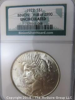 1922 $1 Silver Dollar; Uncirculated; BINION, #68 of 2890; slabbed by NGC