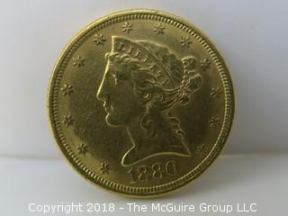 1880 $5 Five Dollar Gold Coin