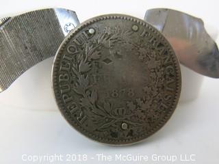 1878 French Silver Coin cut in half with riveted retracting metal file on one side and pocket knife on the other