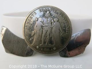 1878 French Silver Coin cut in half with riveted retracting metal file on one side and pocket knife on the other