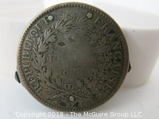 1878 French Silver Coin cut in half with riveted retracting metal file on one side and pocket knife on the other