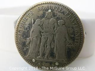 1878 French Silver Coin cut in half with riveted retracting metal file on one side and pocket knife on the other