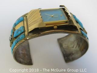 Men's Gold Over Sterling Watch Band Embellished w/Turquoise; total weight 102g (Description Altered Dec.13 at 4:44pm ET)