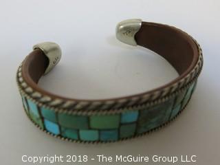 Men's Turquoise Bracelet Flanked by Sterling Half Rope Design and Inside Leather Band 