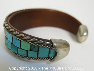 Men's Turquoise Bracelet Flanked by Sterling Half Rope Design and Inside Leather Band 