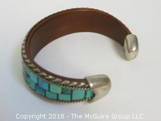 Men's Turquoise Bracelet Flanked by Sterling Half Rope Design and Inside Leather Band 