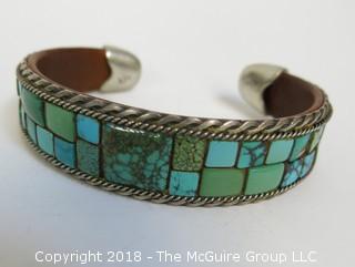 Men's Turquoise Bracelet Flanked by Sterling Half Rope Design and Inside Leather Band 