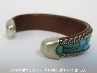 Men's Turquoise Bracelet Flanked by Sterling Half Rope Design and Inside Leather Band 