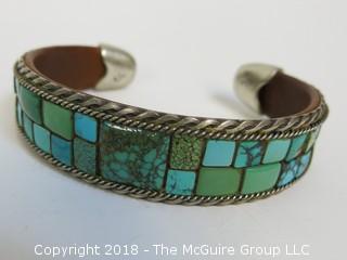 Men's Turquoise Bracelet Flanked by Sterling Half Rope Design and Inside Leather Band 